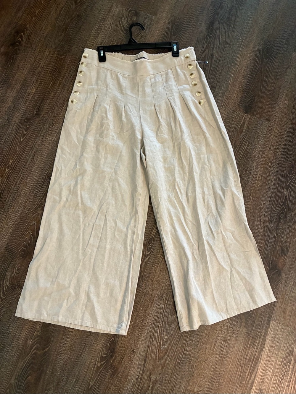 Rewash Cream High-Waist Wide Leg linen Button-Detail Pants